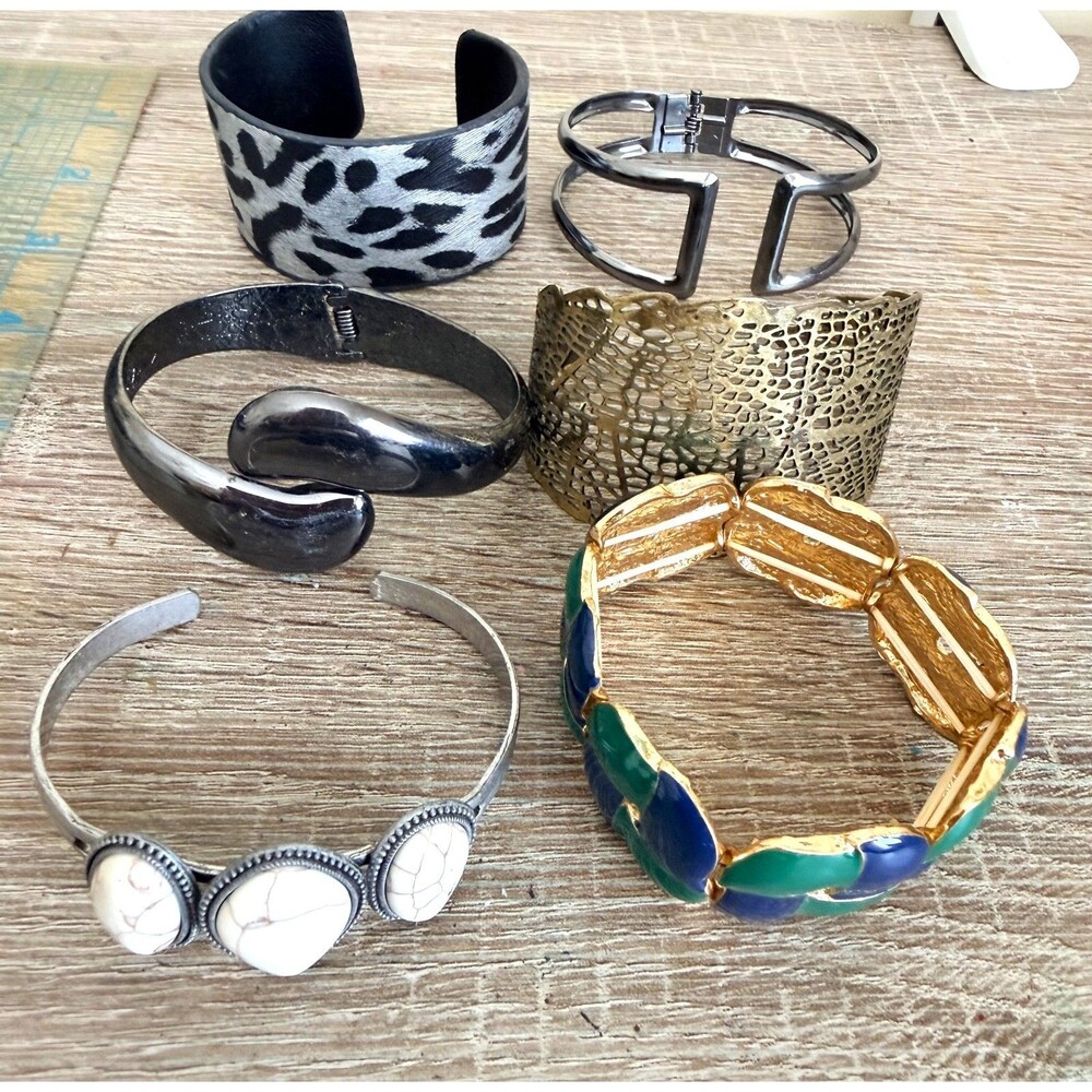 Statement Cuff Bangle Bracelet Lot 6 Gold Silver Gunmetal Leopard Enamel Faux